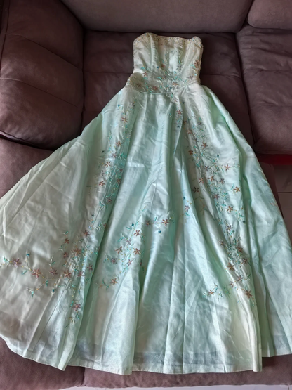 Pretty Mint Green Strapless Satin Beaded A Line Long Birthday Dress Party Dress SP2324