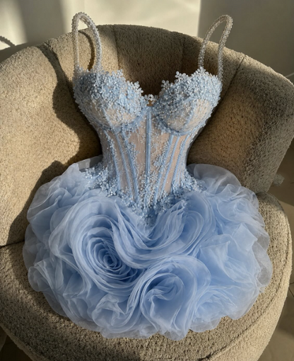 Pretty Spaghetti Straps Blue Tulle Pleated Appliques Short Homecoming Dress Birthday Outfits SP4052