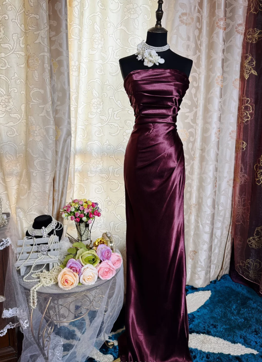 Elegant Burgundy Strapless Satin Pleated Mermaid Long Evening Dress Prom Dresses SP1621