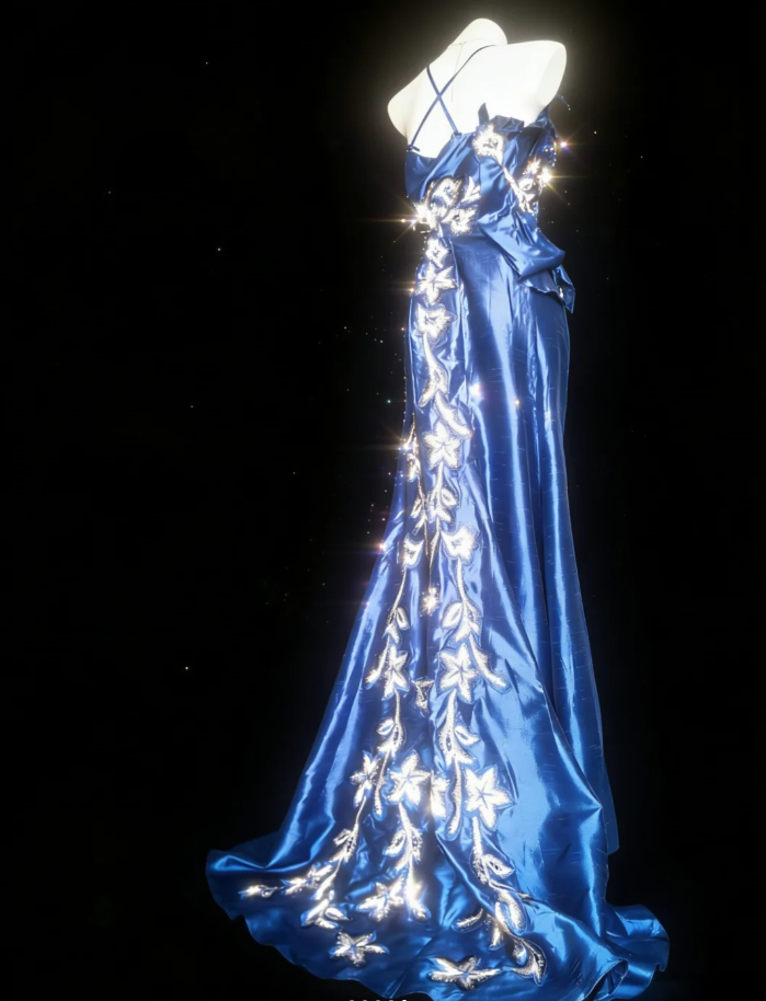 Gorgeous Blue Halter Satin Embroidery Beaded Mermaid Long Evening Dress Prom Gown SP1489