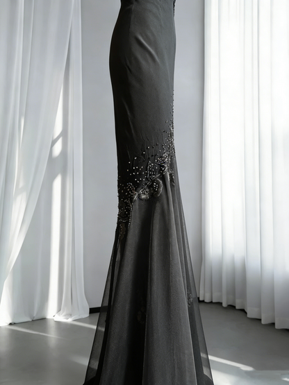 Elegant Spaghetti Straps Black V Neck Chiffon Beaded Mermaid Long Party Dress Formal Evening Dress SP1809