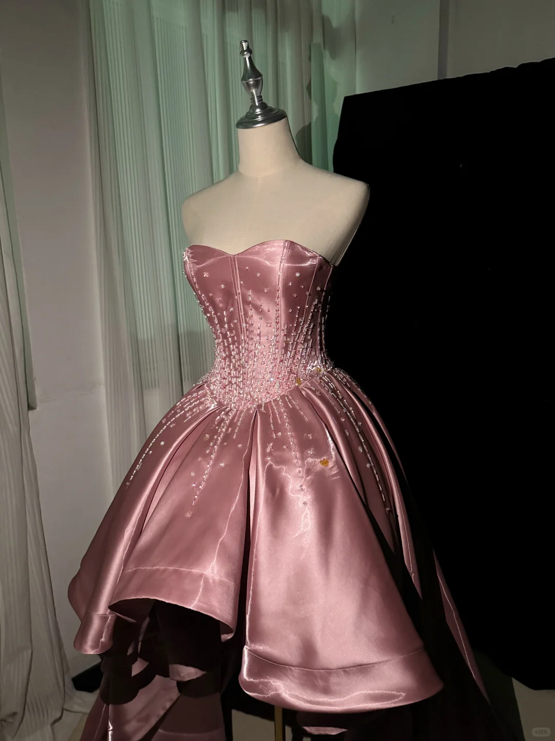Charming Pink Satin Beaded Hi-Low Long Party Dress Birthday Dress SP2065