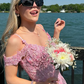 Pink Off Shoulder Fluffy Lace Appliques Floral Long Prom Dress,Evening Dress Y7846