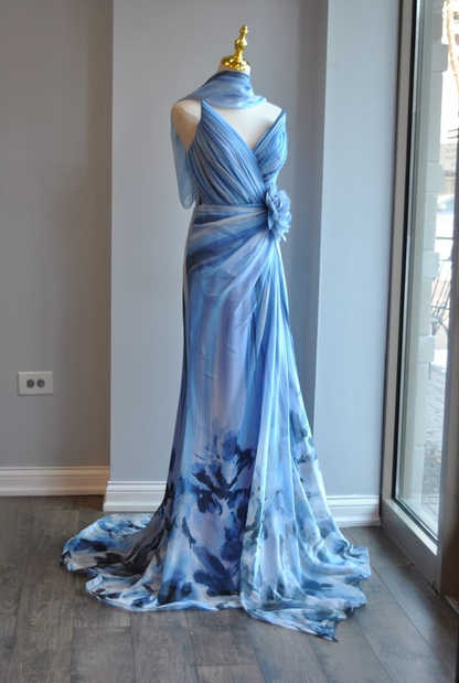 Pretty V Neck Blue Ombre Chiffon Print Floral Pleated Mermaid Evening Dress Long Prom Gown With Ribbon SP461