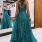 Long A-line Spaghetti Straps Lace Sleeveless Prom Dress With Slit Y6360