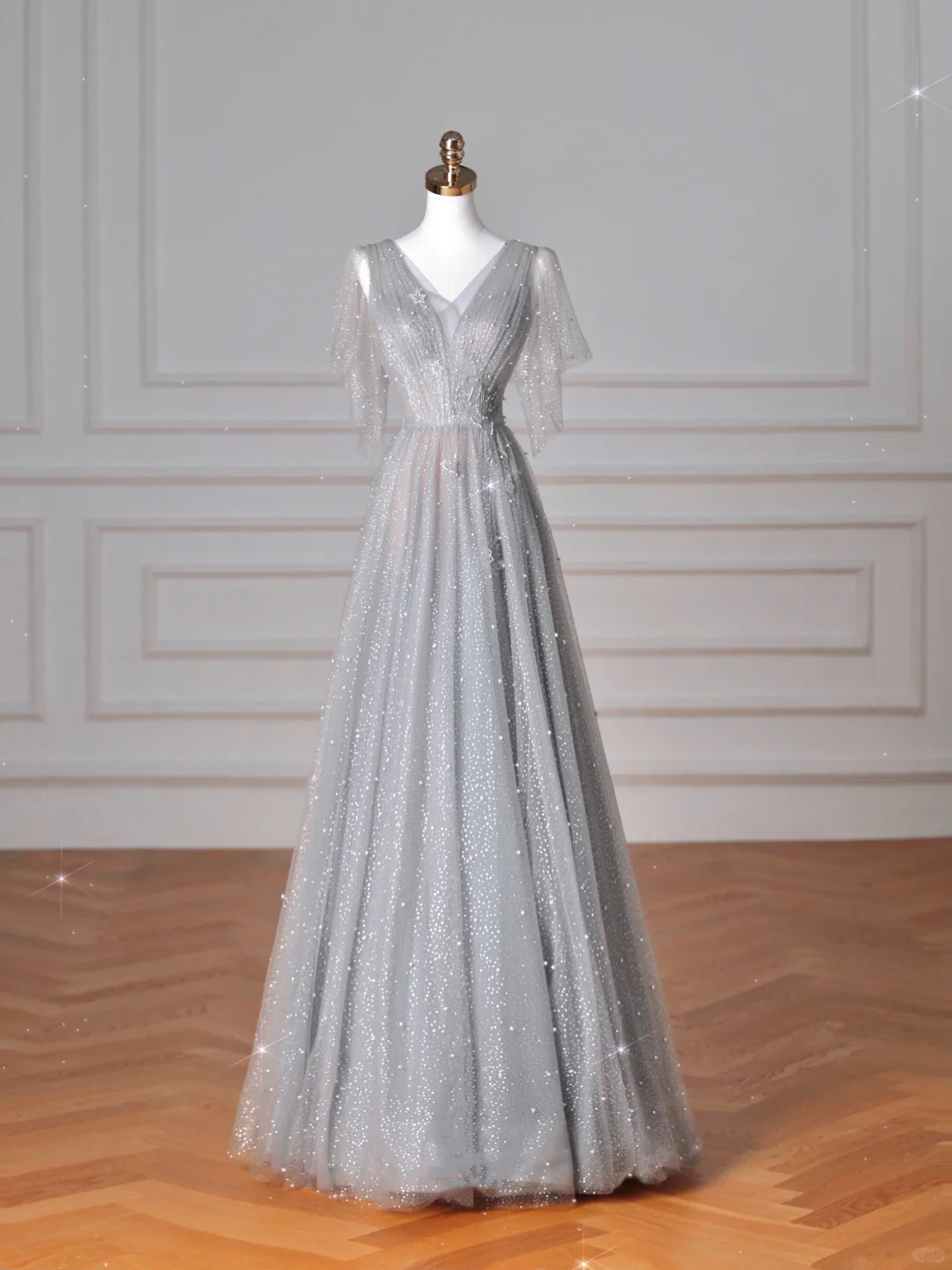 Sparkly Gray Tulle Sequins A Line Prom Dress,Sexy V Neck Evening Dress Y8638