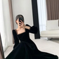 Velvet Dress Women Long Sleeve Square Neck Elegant Bodycon Patchwork Fashion Evening Dress Y6744