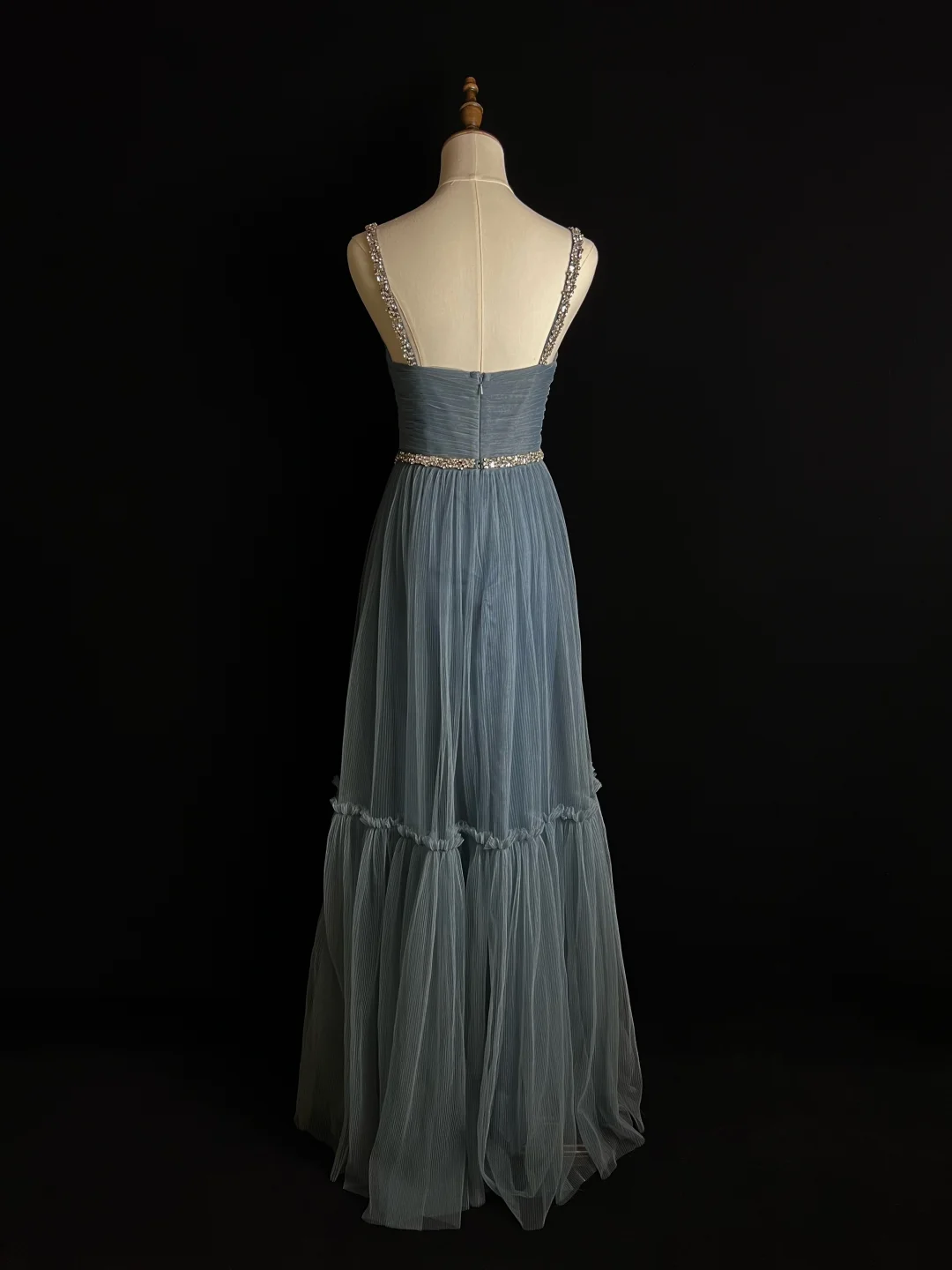 Simple Blue Tulle Beaded A Line Evening Dress,Spaghetti Straps V Neck Prom Dress Y8649