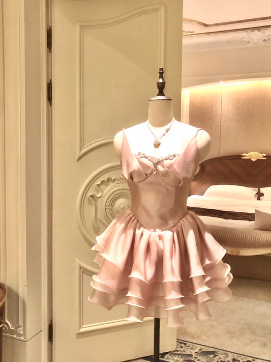 Cute Spaghetti Straps Pink Layered A Line Short Homecoming Dress Birthday Outfits Y9409