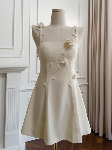 Sweet Flower Beige Satin Mini Party Dress Homecoming Dress Y8822