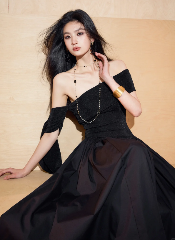 Chic Off The Shoulder Black Satin A Line Long Evening Dress Formal Wedding Guest Dress SP2087