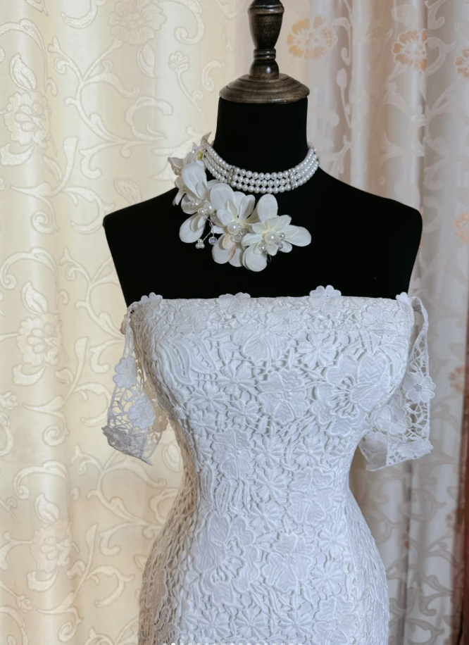 Elegant Spaghetti Straps White Lace Mermaid Long Party Dress Birthday Prom Dress SP1945