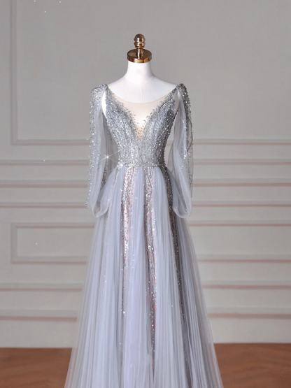Classy Blue V Neck Sequins Beaded Tulle Prom Dress,A Line Backless Evening Dress Y8644