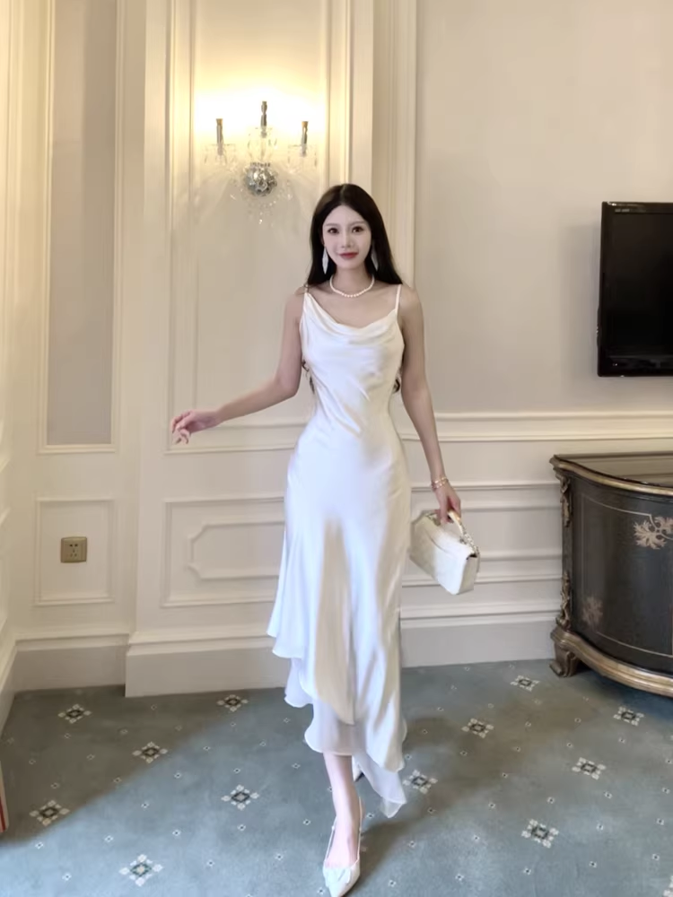 Classy Spaghetti Straps White Satin Chiffon Mermaid Long Prom Dress Birthday Party Gown SP1988