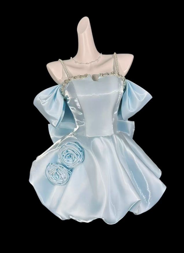 Gorgeous Spaghetti Straps Satin Beaded 3D Floral Short 15th Birthday Outfits,Blue Short Homecoming Dress With Bow SP3505