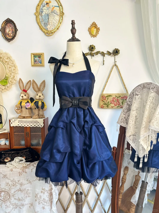Vintage Blue Halter Satin Pleated Short Homecoming Dress Cocktail Dress Y9473