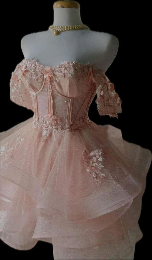 Elegant Off The Shoulder Pink Tulle Appliques A Line Short Homecoming Dress 19th Birthday Outfits Y9951