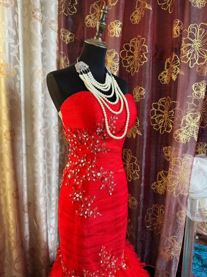 Gorgeous Strapless Satin Tulle Appliques Beaded Prom Dress Red Mermaid Long Evening Dress SP2382