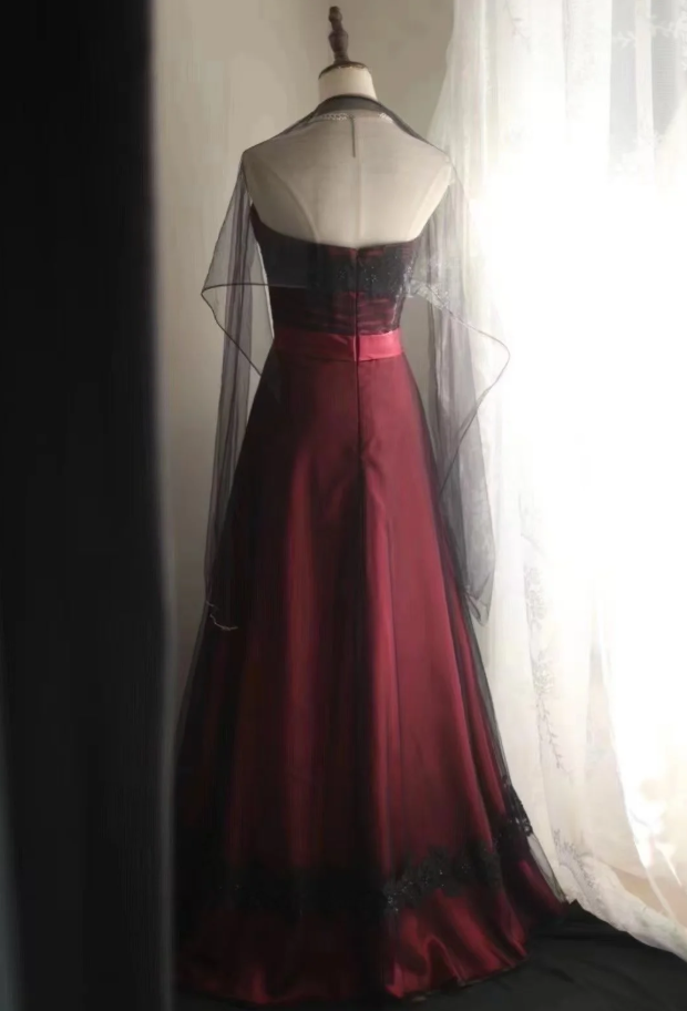 Vintage Strapless Burgundy Satin Lace Beaded Long Evening Dress Birthday Prom Dresses SP1234