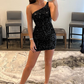 One Shoulder Black Sequin Bodycon Mini Homecoming Dress Y2841