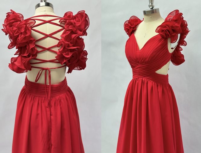Chiffon A Line Ruffle Prom Dresses for Women V Neck Long Bridesmaid Dresses Backless Formal Evening Gowns  Y3043