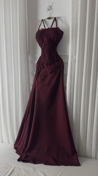 Charming Burgundy Spaghetti Straps Satin Pleated Mermaid Long Wedding Guest Dress Evening Dress SP1332