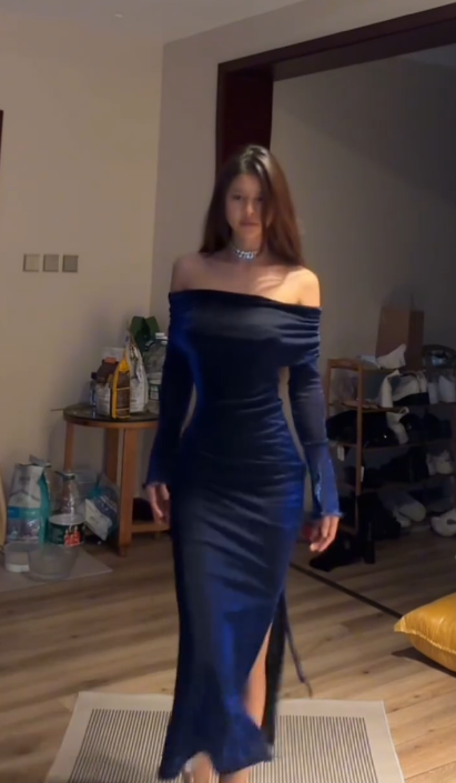 Chic Royal Blue Off The Shoulder Sheath Long Slit Prom Gown Evening Dress SP240