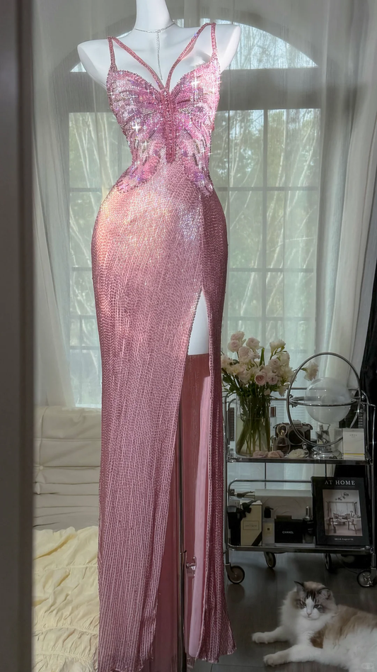 Elegant Spaghetti Straps Pink Butterfly Sequin Beaded Chiffon Slit Mermaid Long Prom Dress Backless Evening Gown SP2182