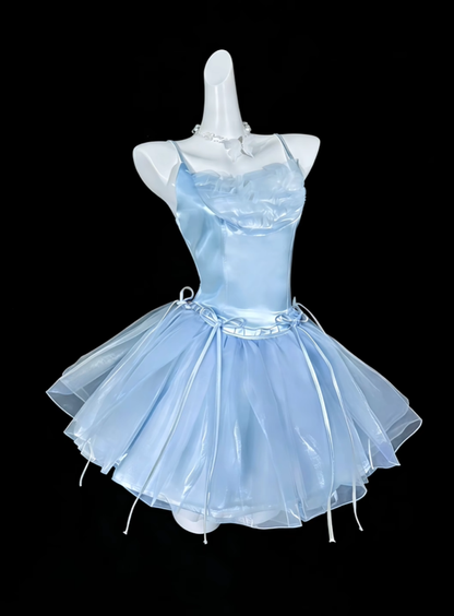 Elegant Spaghetti Straps Blue Satin Tulle A Line Short 6th Grade Homecoming Dress Cocktail Dress SP3496
