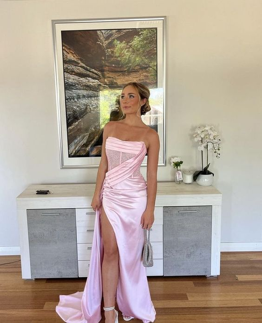 Chic Pink Strapless Prom Dress,Glam Pink Evening Dress with Split,Pageant Dress Y1986
