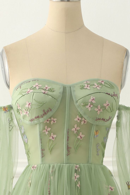 Green Tulle Off the Shoulder A-line Prom Dress with Floral Embroidery Y6790
