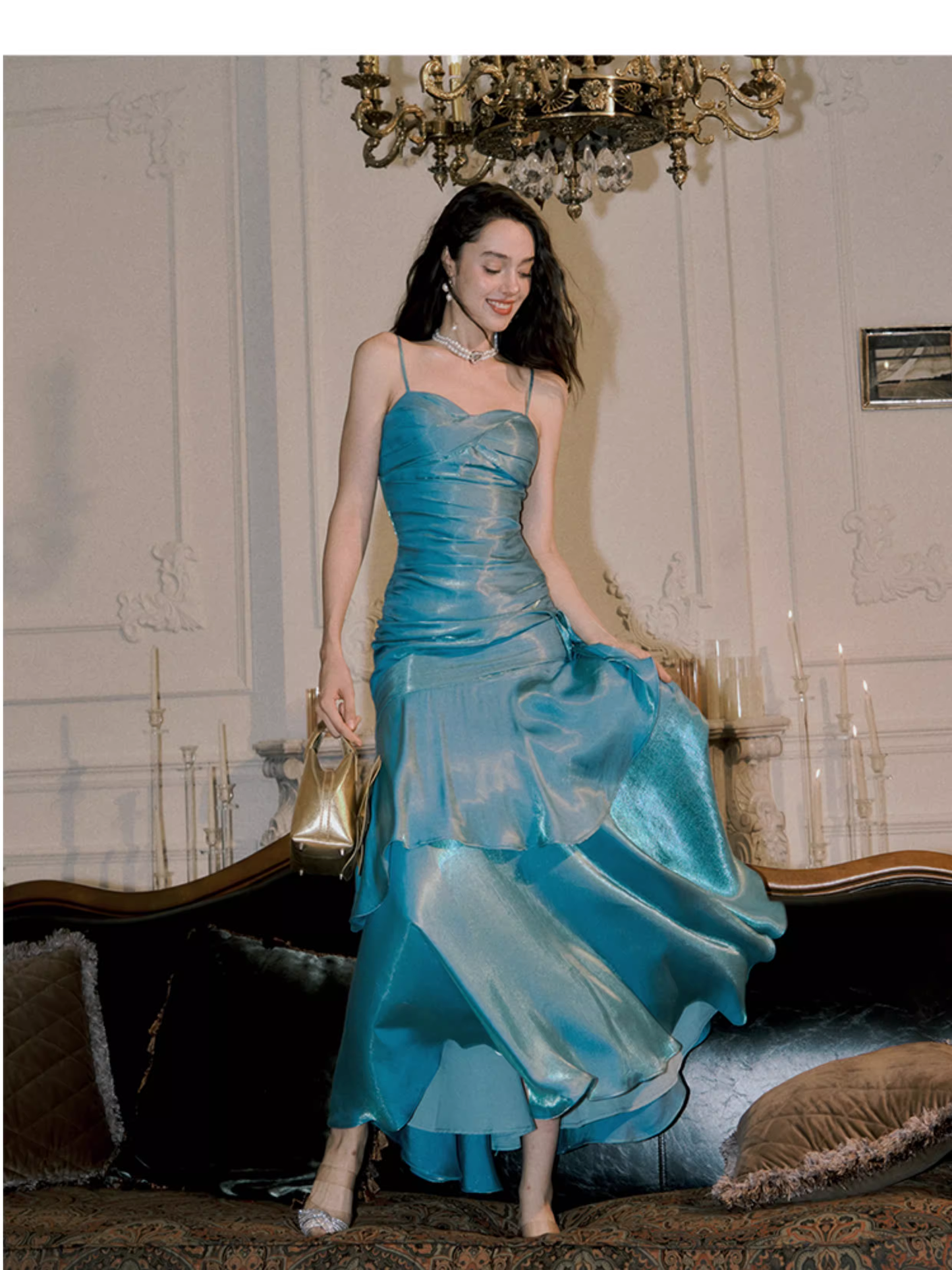 Elegant Spaghetti Straps Blue Satin Pleated Ruffles Layered Mermaid Long Party Dress 19th Birthday Outfits SP1978