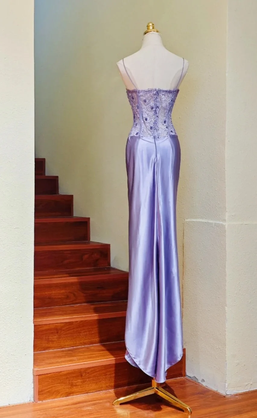 Beauty Spaghetti Straps Purple Satin Pleated Birthday Party Dress Long Prom Gown SP3838