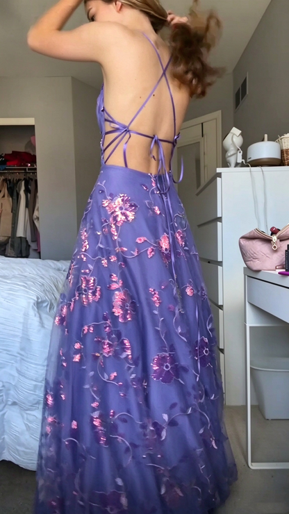 Elegant Spaghetti Straps Tulle Sequin Floral Prom Dress Purple Long Party Dress SP4226