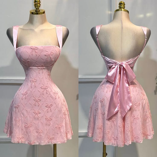 Classy Pink Spaghetti-Straps A Line Bow Homecoming Dress Backless Short Party Dress Y8850