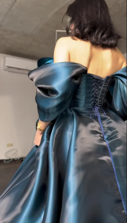 Elegant Off The Shoulder Ball Gown Blue Satin Long Party Dress Birthday Dress SP2144