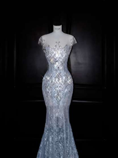 Beautiful Mermaid Sequin Beaded Evening Dress,Blue Tulle Prom Dress Y8690