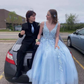 A Line V Neck Light Blue Lace Long Prom Dress Y6528