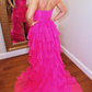 Hot Pink Spaghetti Straps Tiered Long Prom Dress Chiffon Graduation Dress Y4950