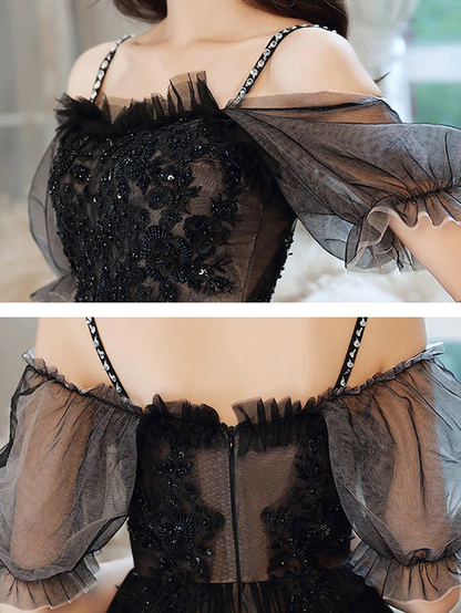 Black Sweetheart Tulle Lace High Low Prom Dress, Black Homecoming Dress Y5689