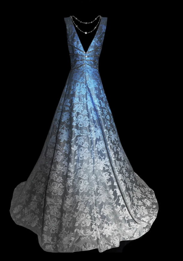 Unique Ombre Blue Deep V Satin Print Floral Beaded Mermaid Party Dress Long Prom Dress SP512