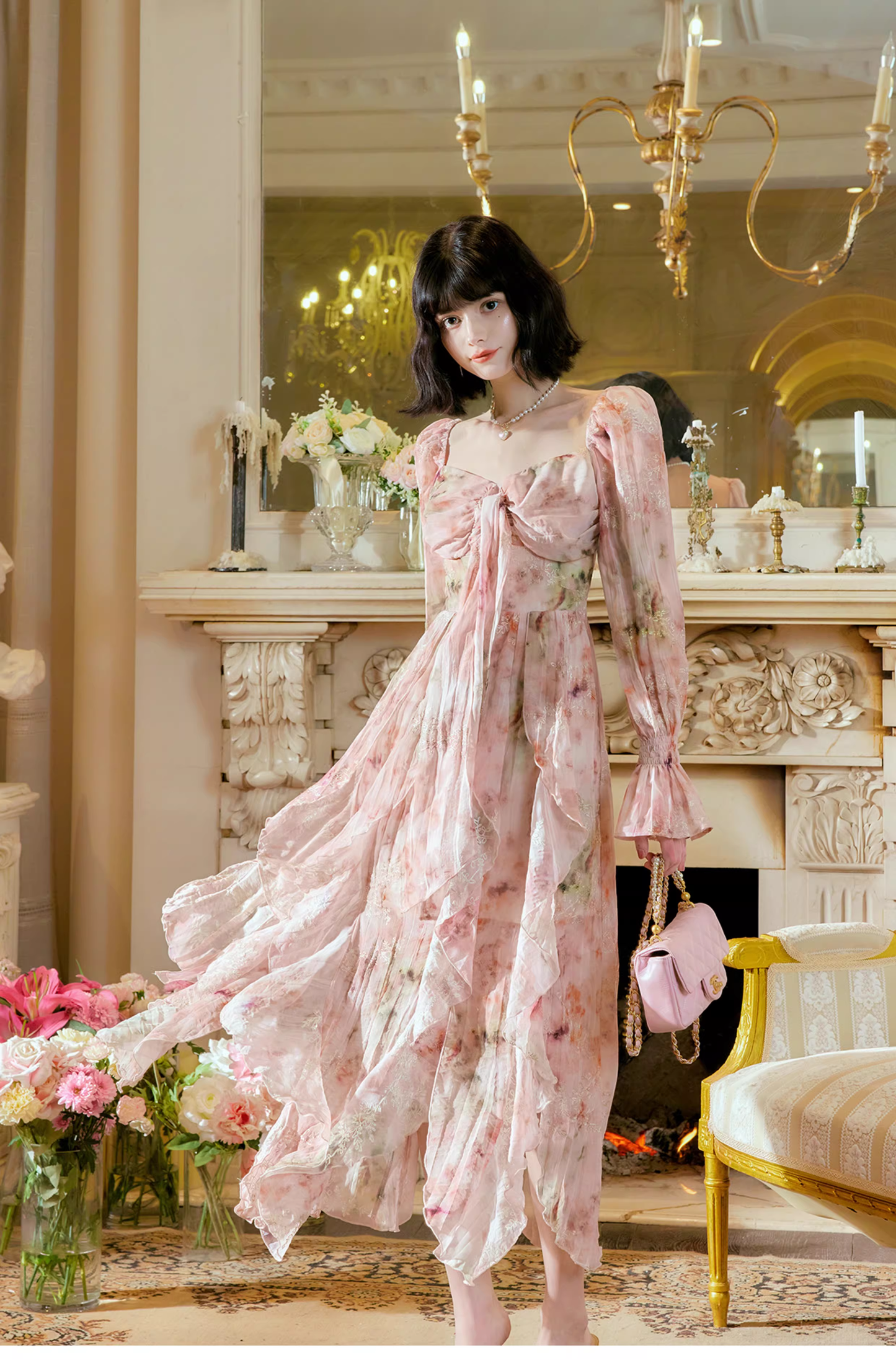 Glamorous Pink Chiffon Print Floral Long Birthday Party Dress Prom Gowns SP2010