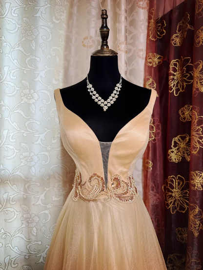 Retro Sleeveless Tulle Beaded A Line Long Wedding Guest Dress Formal Evening Dress SP2381