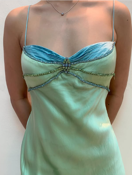 Sexy Spaghetti Straps Green Satin Beaded Prom Evening Dress Y7757