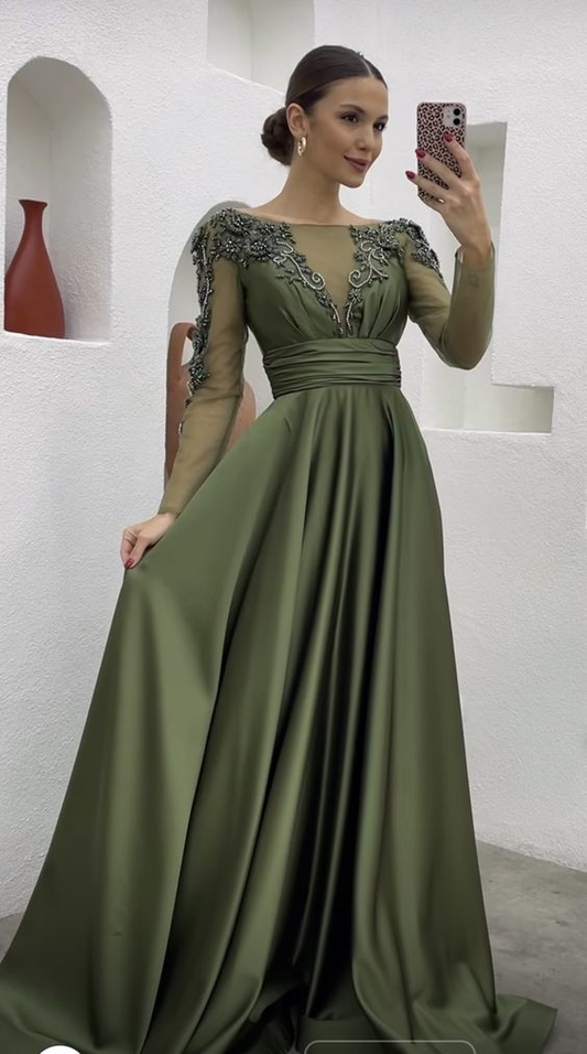 Modest A-line Satin Long Prom Dress,Beautiful Prom Gown Y7199