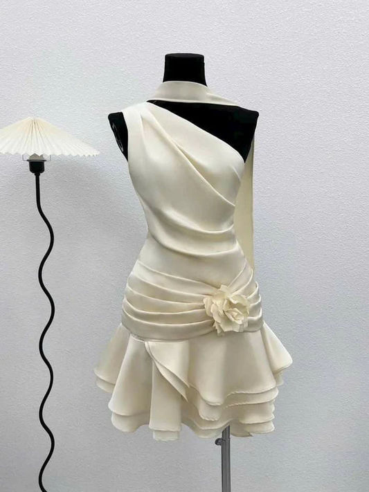 Cute One Shoulder Satin Pleated Short Graduation Homecoming Dress Formal 16th Birthday Outfits Y9487
