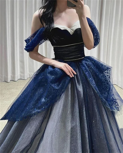Gothic Glitter Blue Princess Tulle Prom Dress, Blue Long Evening Prom –  Simplepromdress