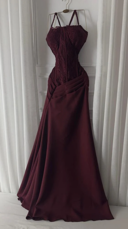 Charming Burgundy Spaghetti Straps Satin Pleated Mermaid Long Wedding Guest Dress Evening Dress SP1332
