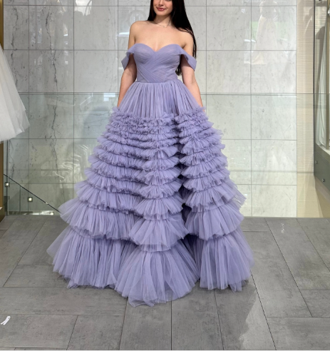 Sweet Lavender Off The Shoulder Tulle Pleated Ball Gown Formal Quinceanera Dress SP579