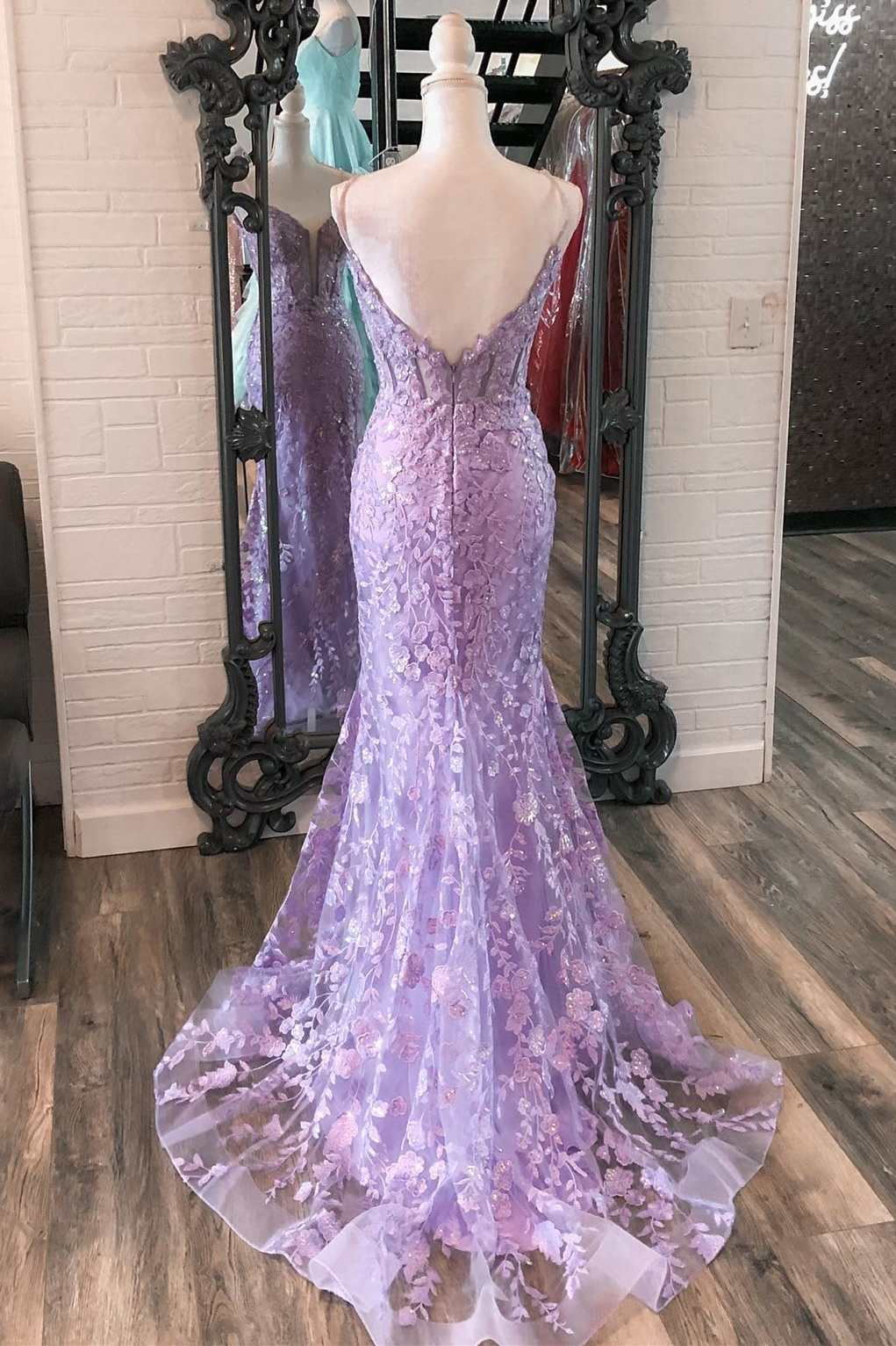 Lavender Floral Appliques Split Neck Mermaid Long Prom Dress,Y2465 ...